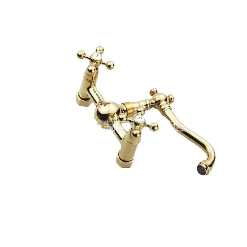 

Bathroom double handle into the wall basin hot and cold faucet all copper gold wall mounted double hole basin faucet