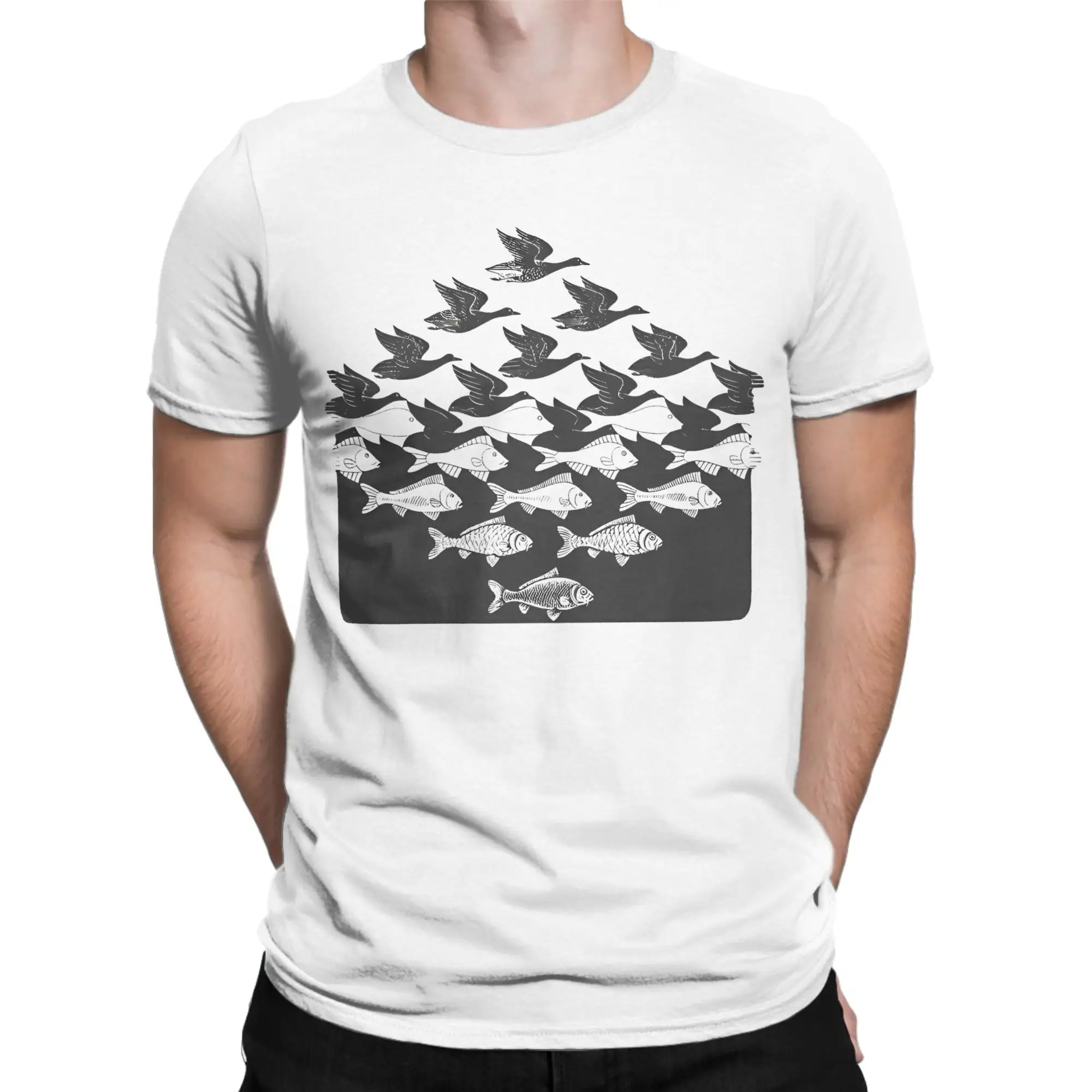 MC Escher بيت السمك الصيادين الرجال تي شيرت الفن الكلاسيكي مجنون تي شيرت قصير الأكمام طاقم الرقبة تي شيرت القطن الصيف البضائع