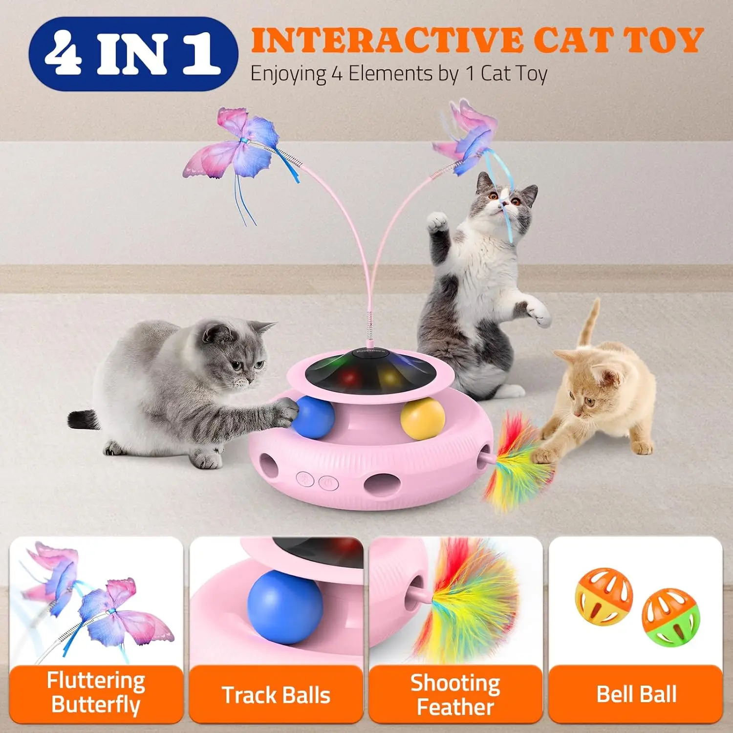 4 in 1 Automatic Cat Toy for Indoor , Electric Kitten Toy with Rechargeable Battery, Self Play Kitty Toy W/ Fluttering Butterfly