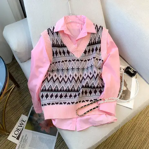 Spring Autumn Women's Vest New Women's Fashion Set Wear Pink Shirt with Diamond Knitted Two-piece Suit