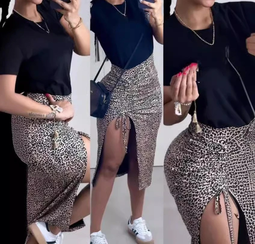 2 Piece Outfit Woman Solid Short Sleeved Top +leopard Print High Waisted Elastic Split A-line Skirt Sets New Summer 2024 Sut