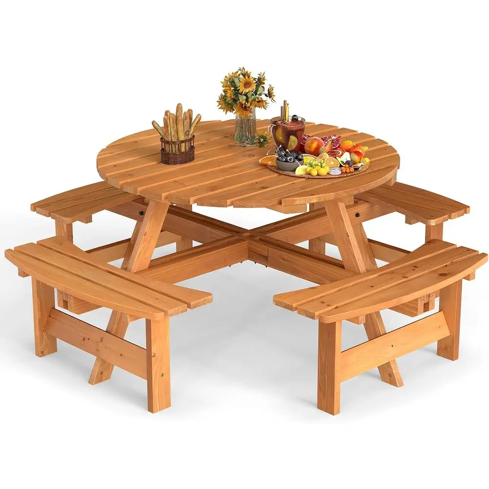 

Круглый деревянный стол для пикника на 8 персон с отверстием для зонта и изогнутыми скамейками, идеально подходит для улицы, сада или патио, желтый