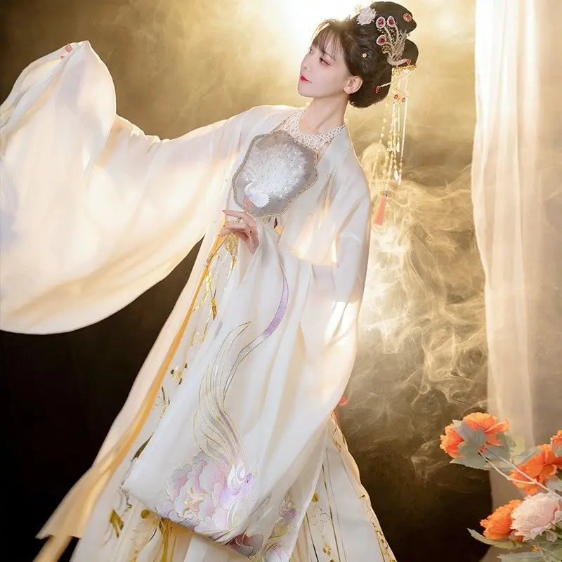 Chinese Traditional Tang Style Hanfu White Hezi Skirt With Large Sleeves Chinese Style Cosplay Costume
