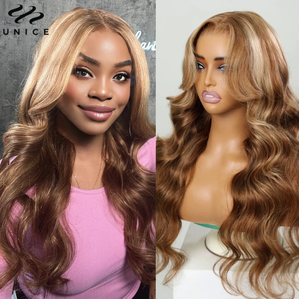 

UNICE Hair Blonde Highlight 3D Body Wave 7x5 13x4 Lace Frontal Wig Pre Cut Pre Bleached Glueless Wig Human Hair Ready To Wear