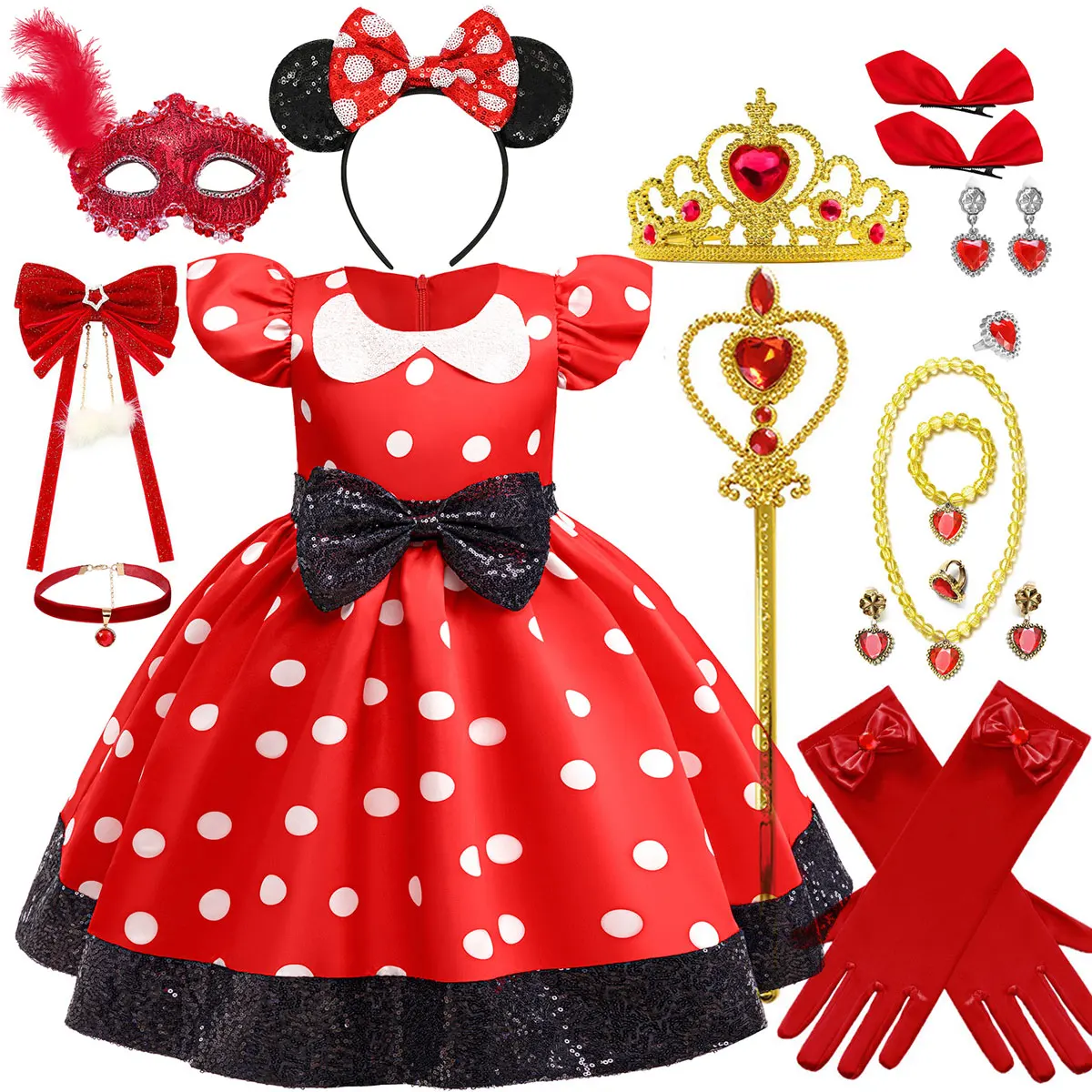 Vestido de satén de Minnie Mouse de Disney para niñas, vestido rojo con lunares y lazo grande de lentejuelas, tutú para Halloween, accesorios para fiesta de cumpleaños, traje
