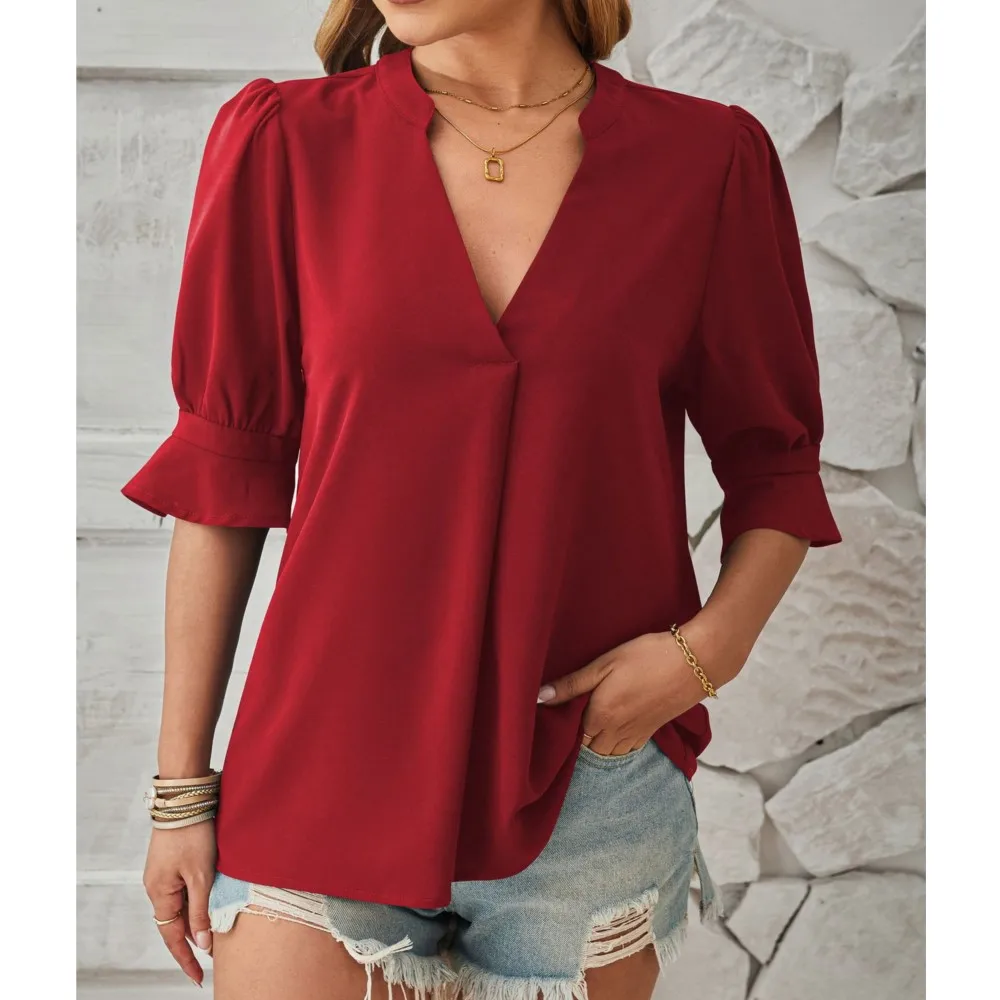 Elegant Office Shirt For Women 2024 Spring/Summer New Collection Solid Color V-neck Mid Sleeve Casual Blouse Top Blusa Femininas