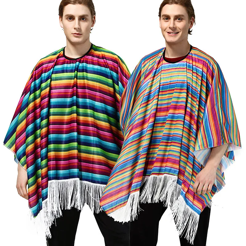 Rainbow Stripted Mexican Poncho Costume Cosplay Festival Party Adult Mexican Ethnic Folk Cape Shawl Halloween Holiday Hawaii