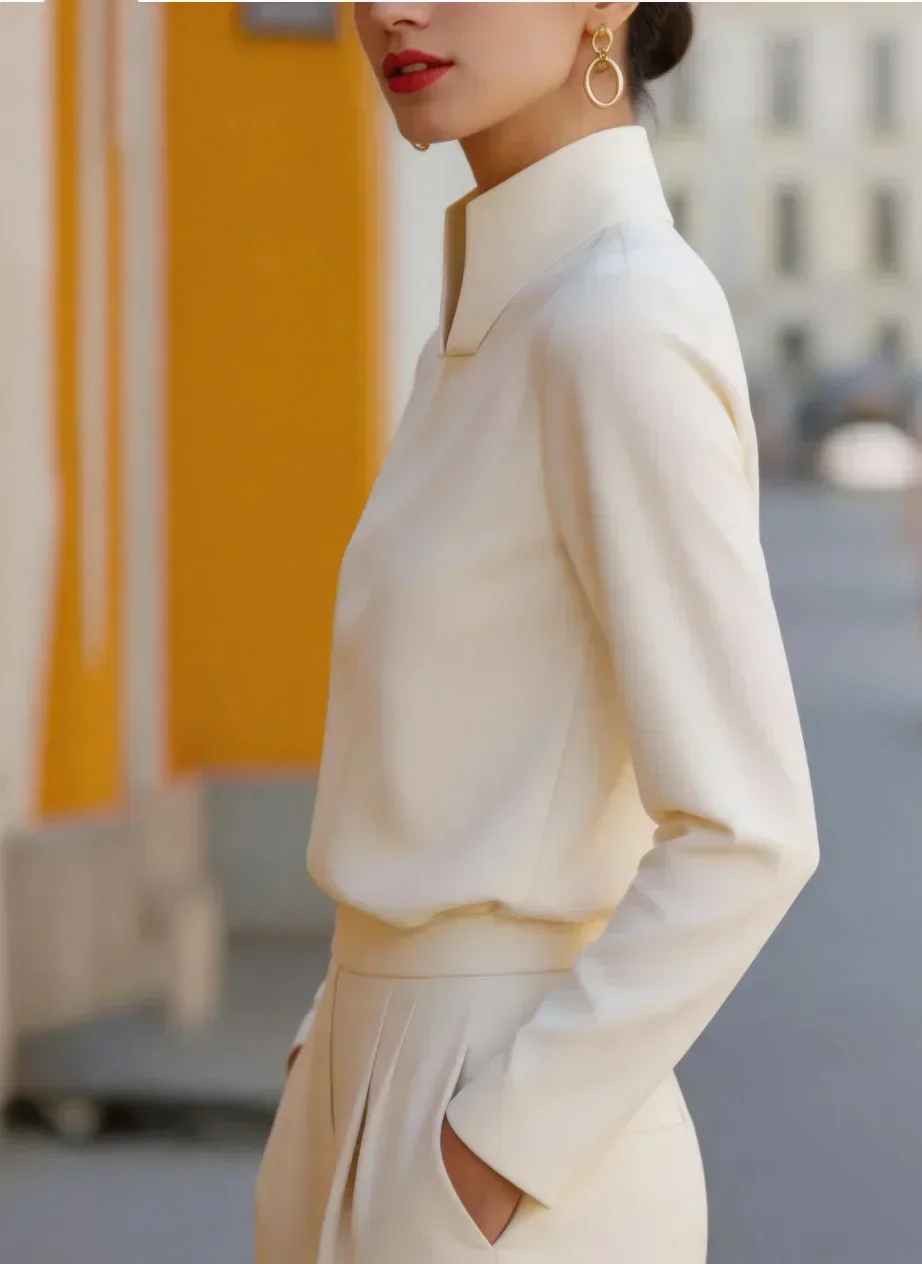 Damen Bluse mit Stehkragen und langen Ärmeln, elegantes Business- und Alltags-Hemd – Detail 7