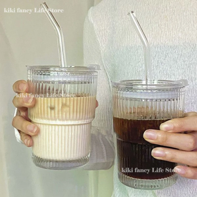 

450ml Coffee Mug Simple Stripe Glass Cup With Lid and Straw Transparent Bubble Tea Cup Juice Glass Milk Mocha Cups Breakfast Mug