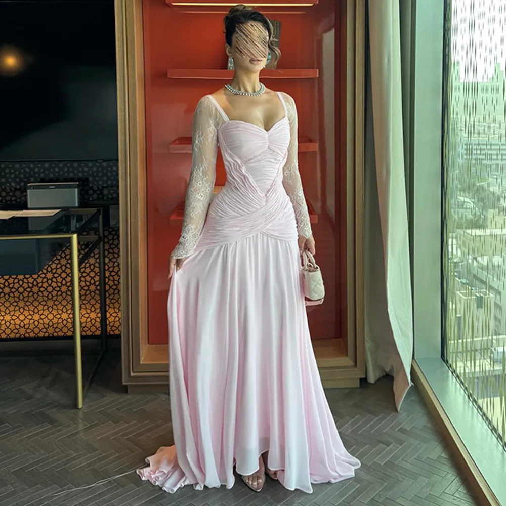 Fashion Sweetheart Long Sleeves Evening Dress Customized High Quality A-Line Lace Celebrity Gowns Zipper Back Party Dress