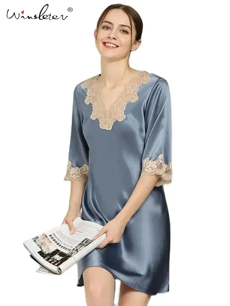 

Half Sleeve Lace Embroidery,100%Real Silk Nightgown for Women,Elegant Sweet Natural Pajama Dress,2024 Spring New,P410101QM