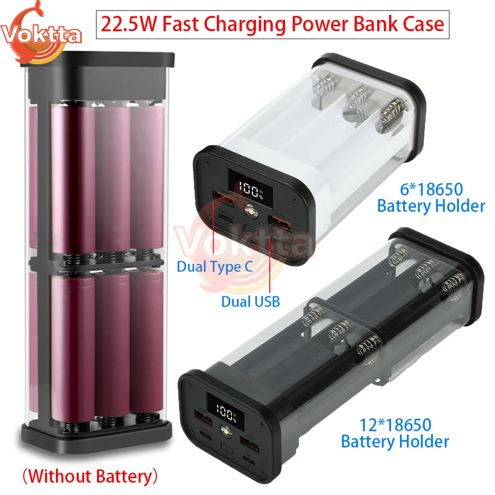 

6/12*18650 Power Bank Case 22.5W Fast Charging Fully Transparent LED Battery Storage Box Type C USB PD Mobile Power Shell Kits