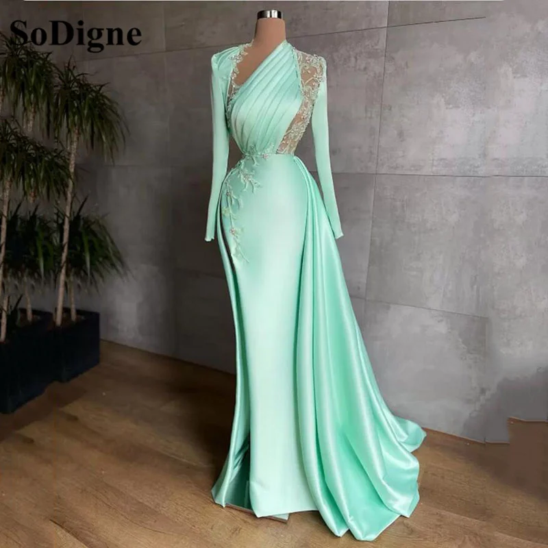 

SoDigne Satin Lace Long Sleeves Evening Dresses Mermaid With Side Split Illusion Dubai Women Pleats Formal Prom Gowns