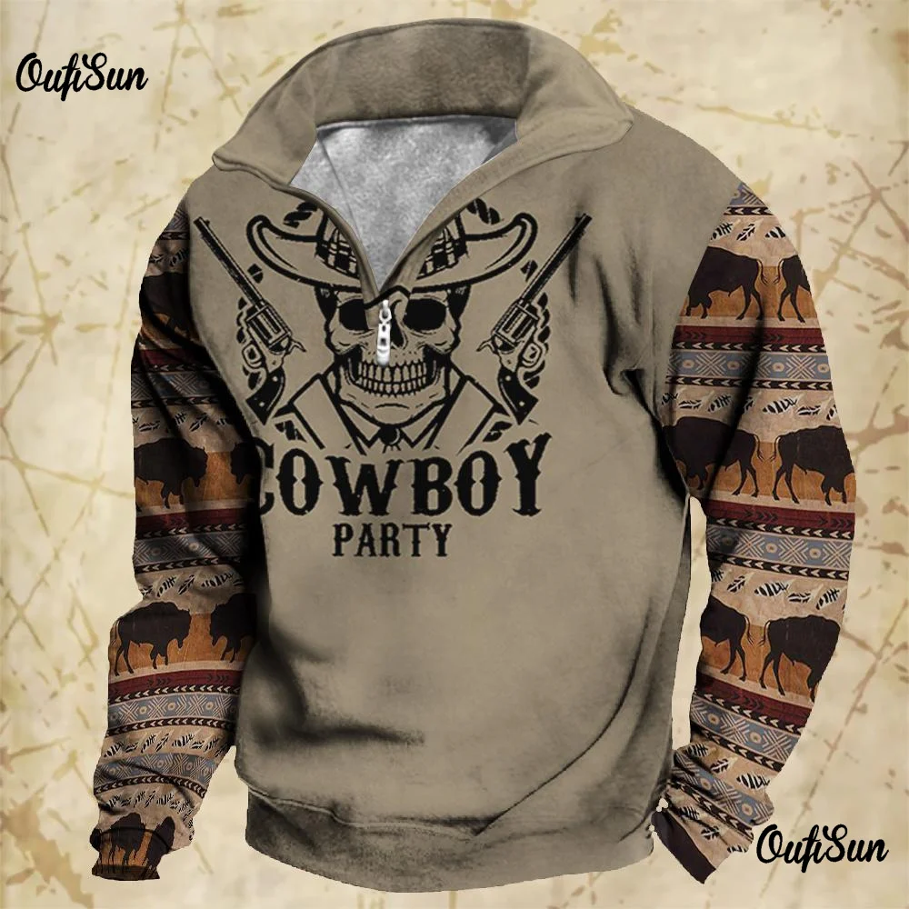 New Vintage Zip Sweatshirt Cowboy Hoodies Sweater For Men\'s 3d Print Autumn Long Sleeve Loose Tops Clothes For Men Clothing