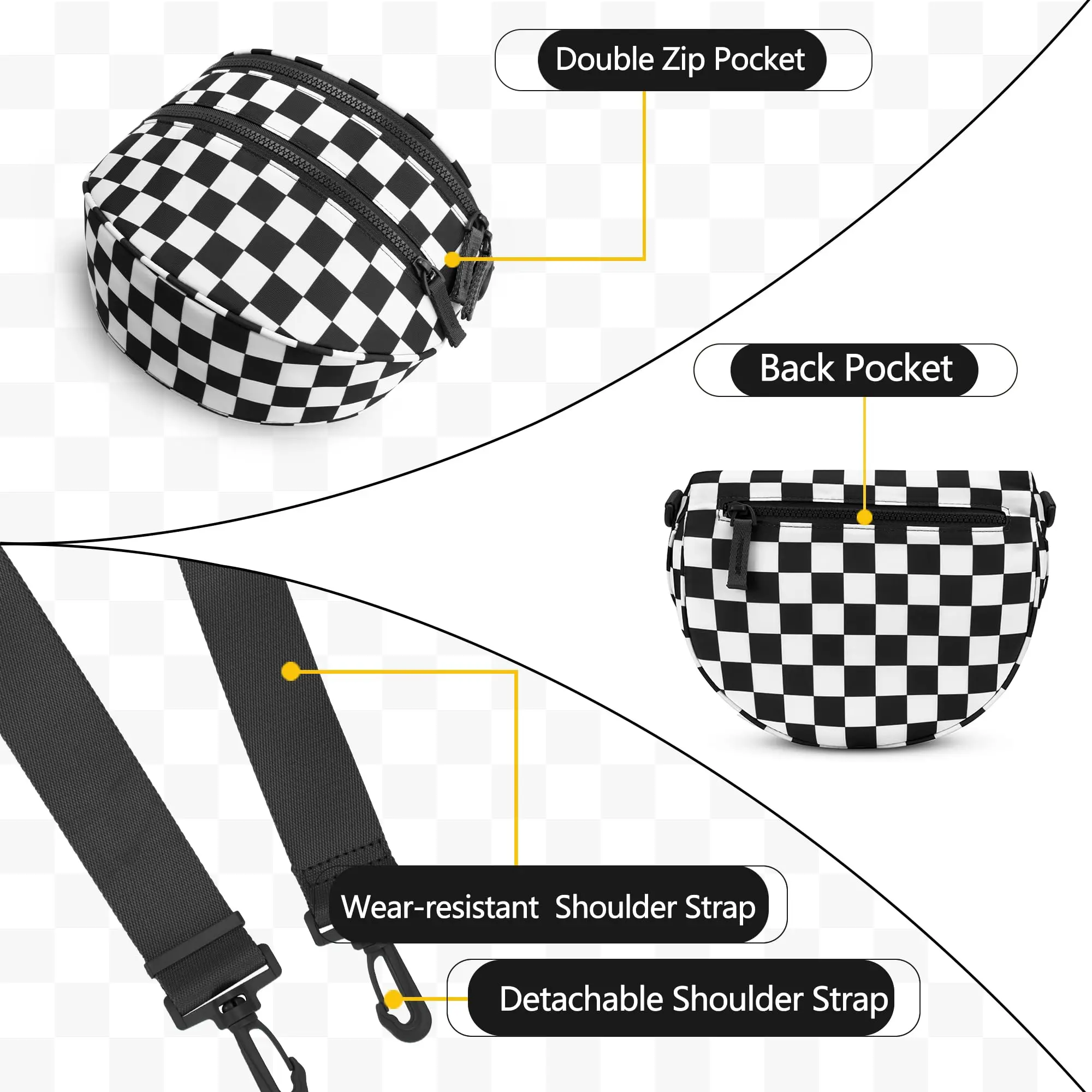 Mini Version Black and White Checkered Crossbody Bag Bum Bag for Women,checkered fanny pack Handbags Wallets Small Belt Bag