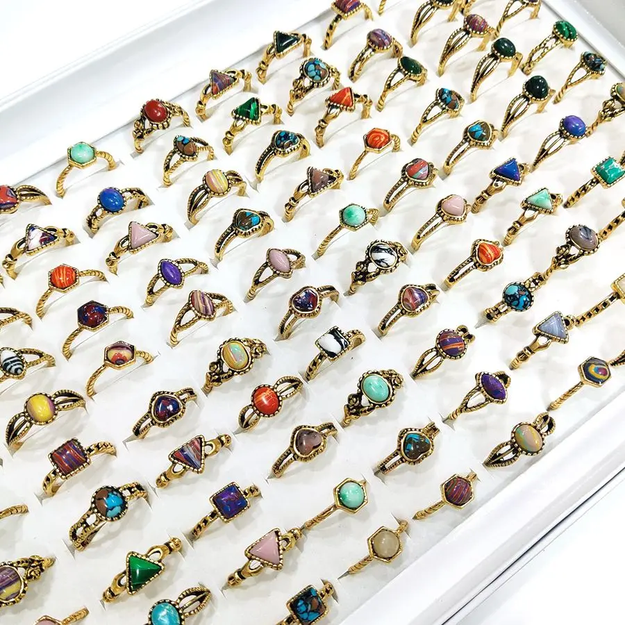 خواتم من الحجر الفيروزي للنساء ، أشكال إبداعية ، عرقية عتيقة ، لون ذهبي ، خاتم عتيق ، مجوهرات عتيقة ، جودة عالية ، 20 مجموعة #6