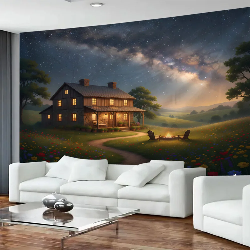 Starry Sky Wonderland Tapestry with Glowing Mushroom Forest Flower House Wall Hanging Cloth Home Decor Poster