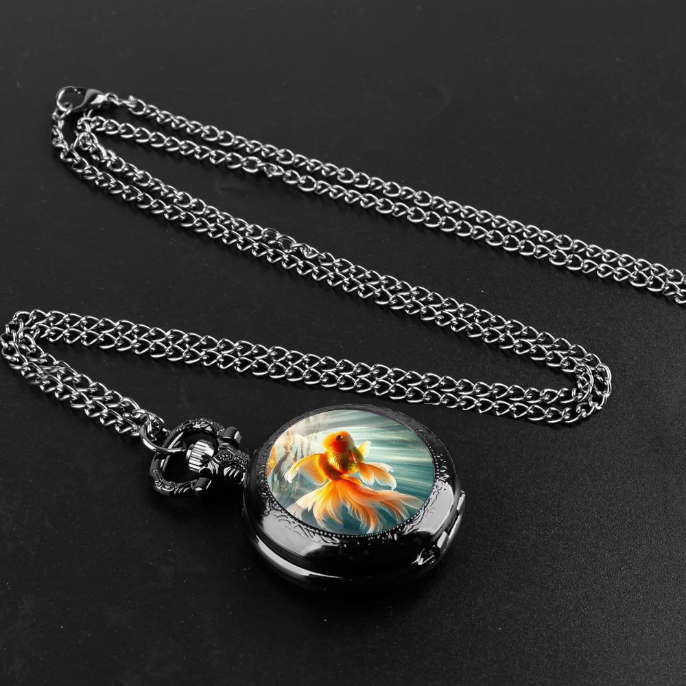 Goldfish Design Glass Dome Fashion Arabic Numerals Quartz Pocket Watch Necklace Pendant Chain Mens Women Gifts