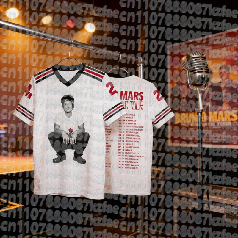 Bruno Mars The Romantic Tour, camiseta familiar a juego con cuello en V, camisetas holgadas de manga corta para hombre, ropa de calle de verano, diseño con estampado 3D
