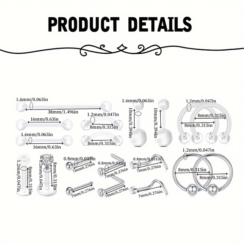 1-38pcs All Body Piercing Surgical Steel Belly Tongue Tragus Nipple Lip Nose Eyebrow Piercing Needles Set 20/16/14Gauge