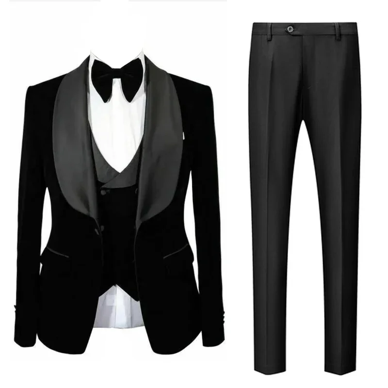 Men\'s 3 Pieces Suit Black Velvet Jacket Vest & Black Pants Shawl Lapel Wedding Prom Dinner Banquet Groom Tuxedos