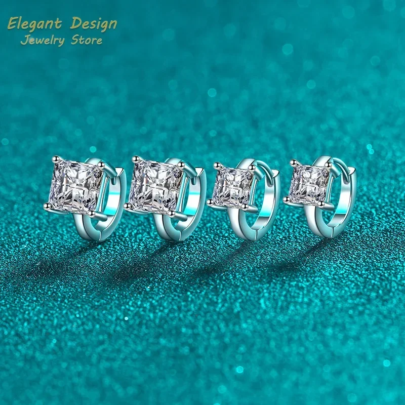 Elegant Store PT950 Platinum Princess Square Moissanite 2ct/4ct Ear Buckle Hoop Earring for Women Jewelry Pass Diamond Test