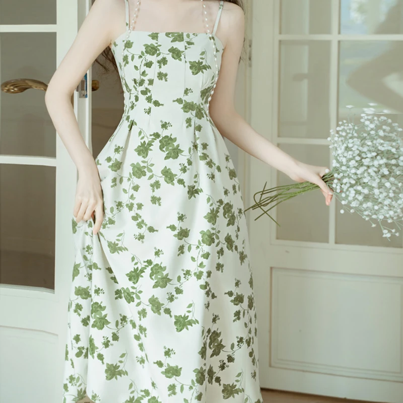 Women Summer Vintage Chic Green Dress 2023 New Thin Knit Sun Shirts Sleeveless Dresses Two Piece Sets Lady Graceful Outfits