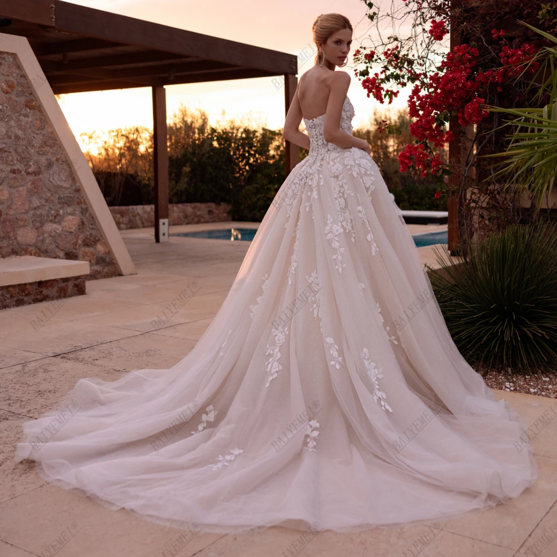 Customized Size Sweetheart Ball Gown Wedding Dress For Bride 3D Floral Lace Appliques Long Sleeves Glitter Tulle Bridal Gown