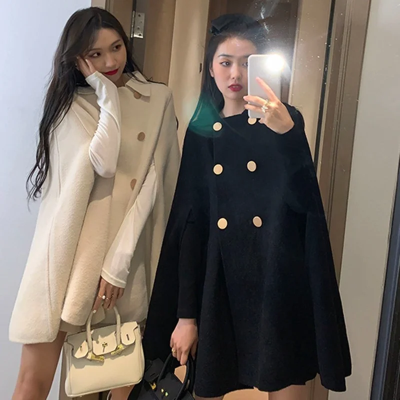 

Women Poncho Coats 2024 Fashion Autumn Solid Cape Cloak Casual Sleeveless Outerwear Female Double Breasted Lapel Jackets E573