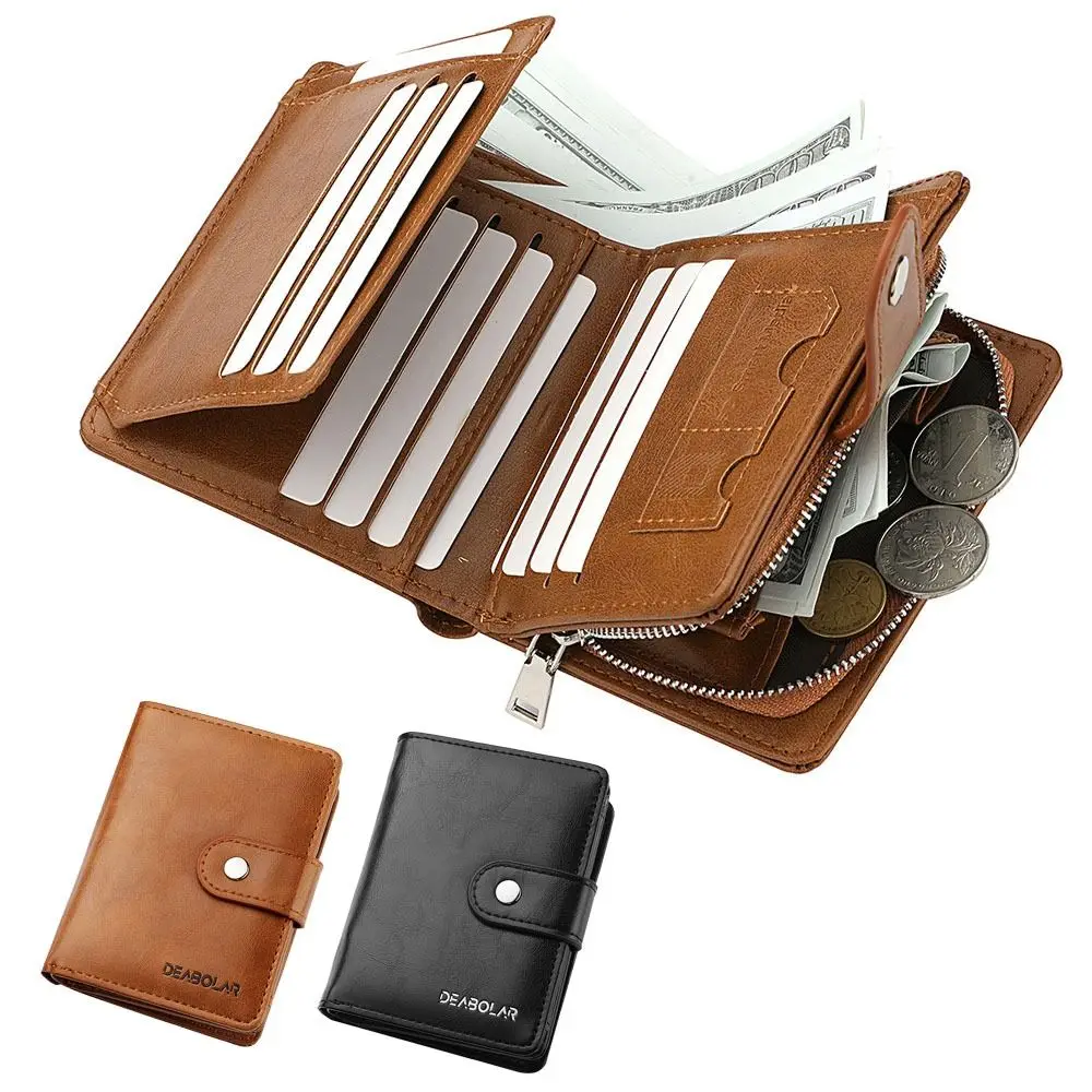 

Fashion PU Leather Men Tri- Fold Wallets Coin Purse Multifunctional Coin Purse with Zipper Short Wallet