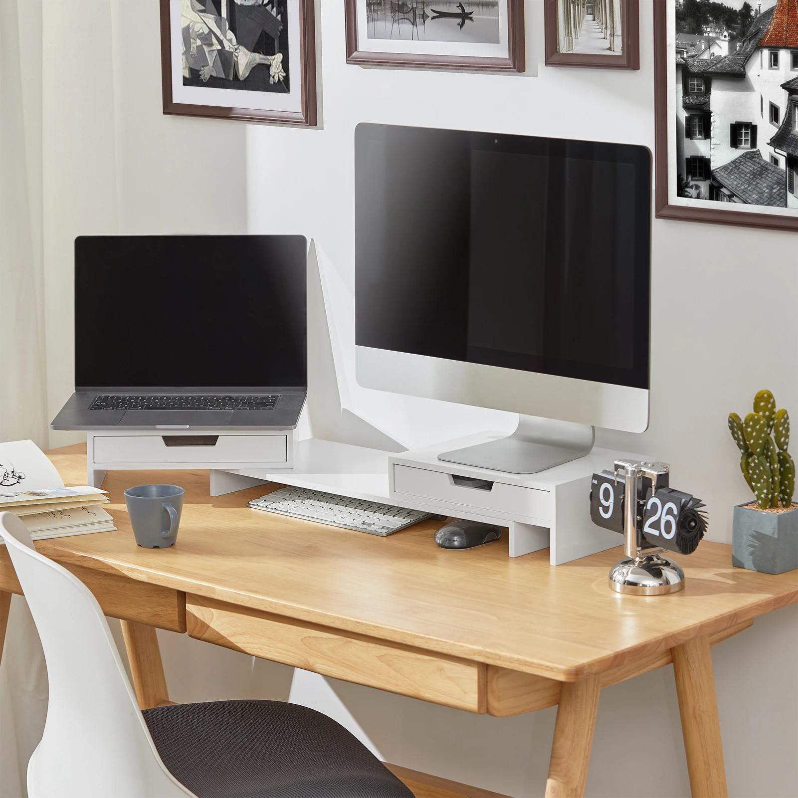 SoBuy BBF04 aumento de monitor para soporte de pantalla de 2 monitores con 2 anchos de cajón ajustable BHT aproximadamente 60-107x11x22cm