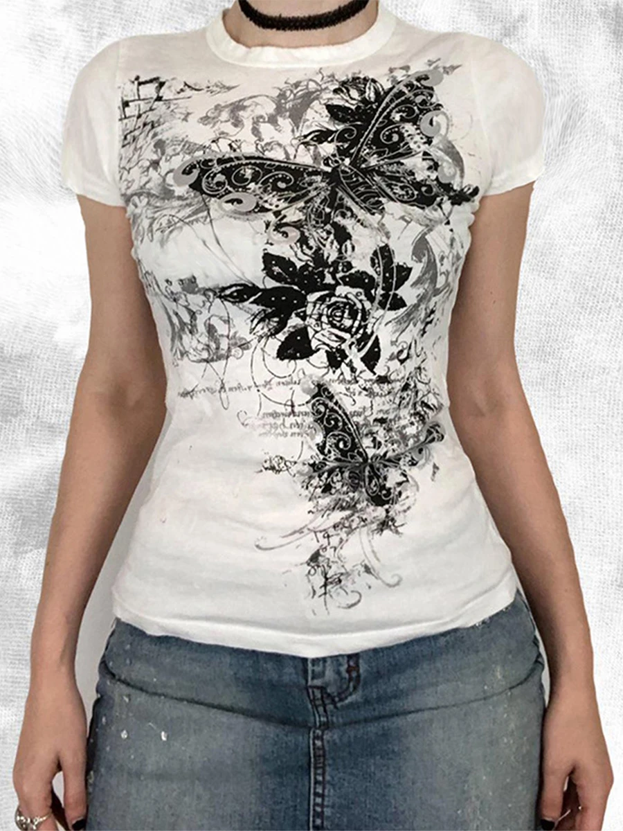 تي شيرت نسائي صيفي مينغ بأكمام قصيرة ورقبة دائرية وطباعة نمط تي شيرت عصري