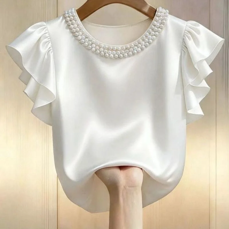 

NEW Women's Shirts Blouse Fashion Summer Satin Pearl Collar Shirt Round Neck Ruffled Edges Loose and Breathable Versatile Top