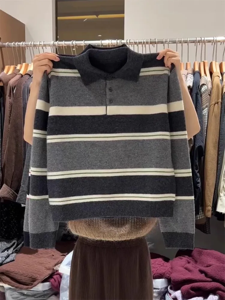 Retro Korean Style Striped Color Block Collared Sweater Women's Autumn Winter Loose Knitted Top Soft Cozy Short Length Long S...