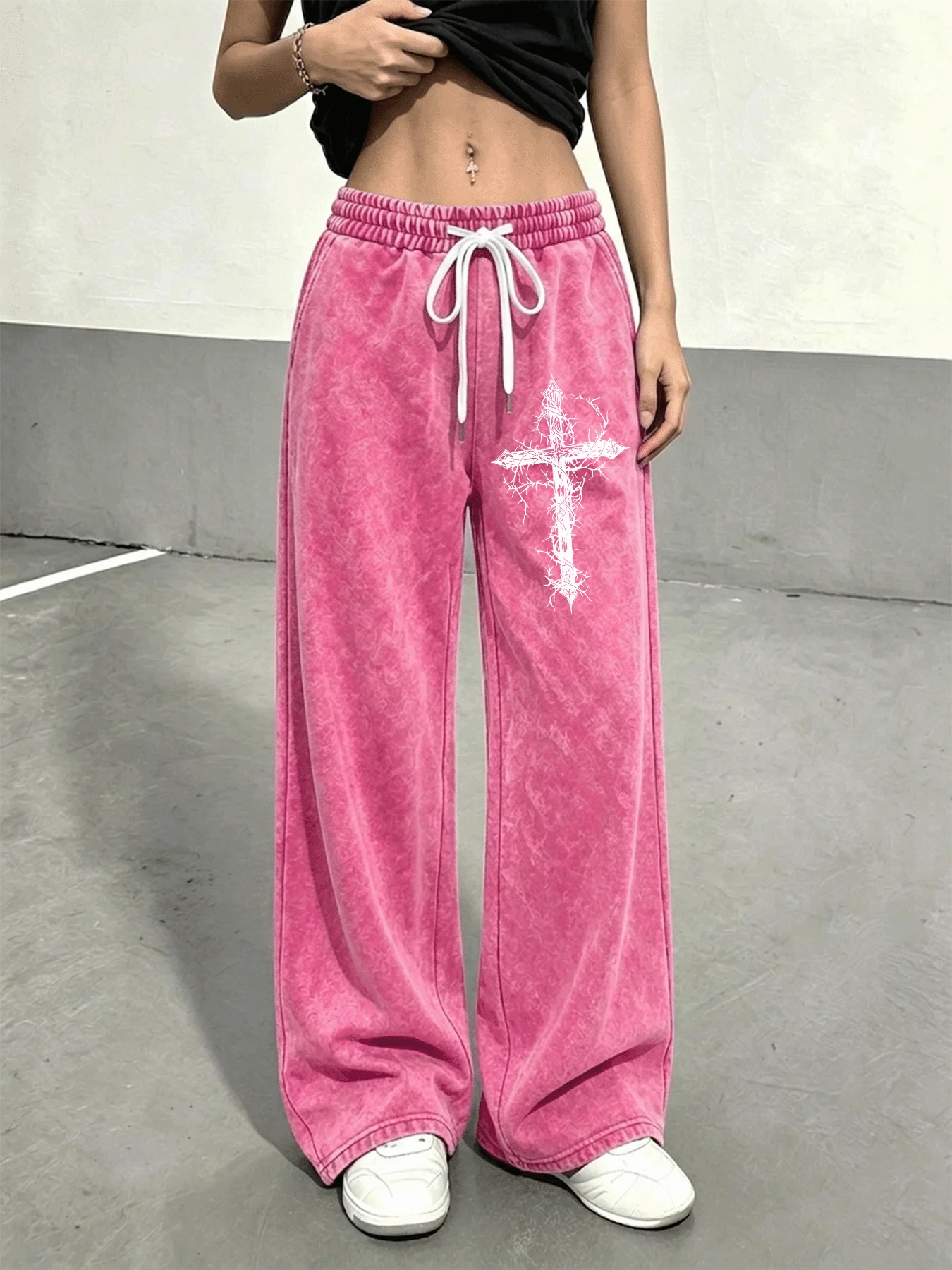 Vintage Washed Distressed Trousers for Women, Stylish, Comfortable & Versatile Cross Printed Pants