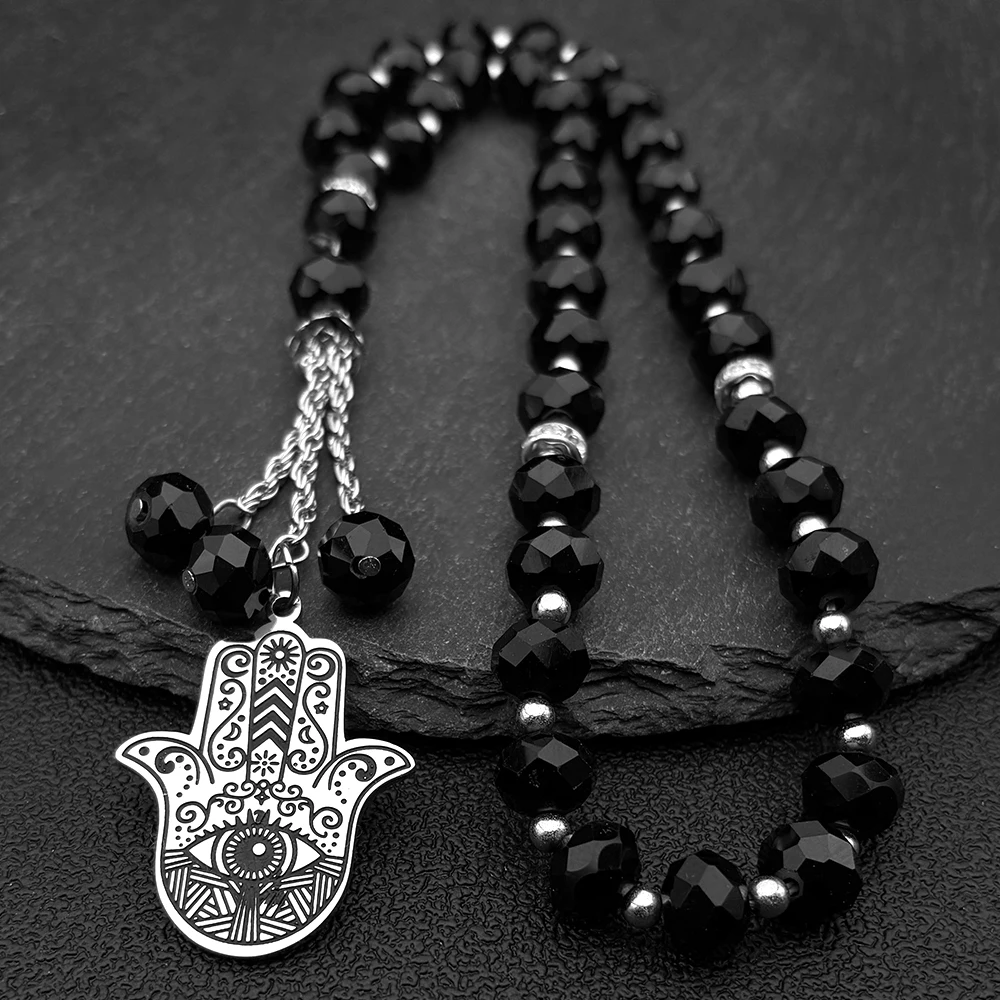 

Hamsa Hand of Fatima Stainless Steel Car Pendant for Women Men Fatima´s Hand Turkish Eye Glass Prayer Beads Chain Jewelry Gift