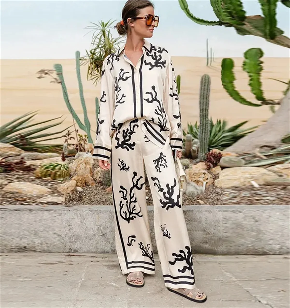 Elegant Printed Women\'s Suit 2024 Spring Summer Lapel Long Sleeve Top Wide Leg Trousers  Fashion Soft Commute 2 Piece Set Casual