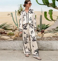 Elegant Printed Women's Suit 2024 Spring Summer Lapel Long Sleeve Top Wide Leg Trousers  Fashion Soft Commute 2 Piece Set Casual