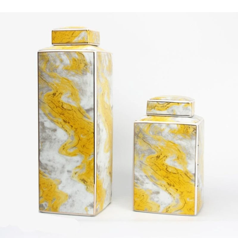 Yellow Marble Texture Storage Jar with Lids Desk Decoration Ornaments Ceramic Jars Tea Canister Candy Pots Cosmetic Containers