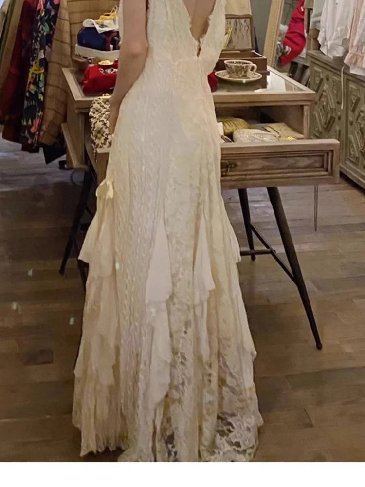 Suknia wieczorowa Ele V-Ne Lace Dr, klasyczna, długa, w stylu vintage, szlafrok poranny, sukienka letnia w stylu wróżki.