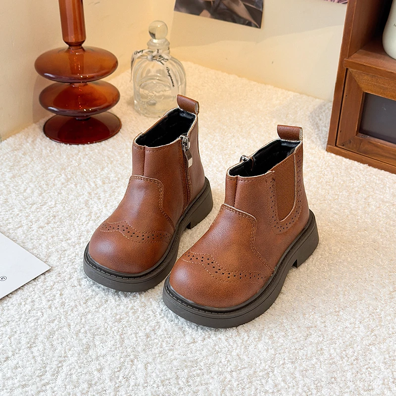 Girls Fashion Leather Boots Children Ankle Boots Non-slip Classic Britain Kids Fashion Short Boots Side Zipper Autumn Winter