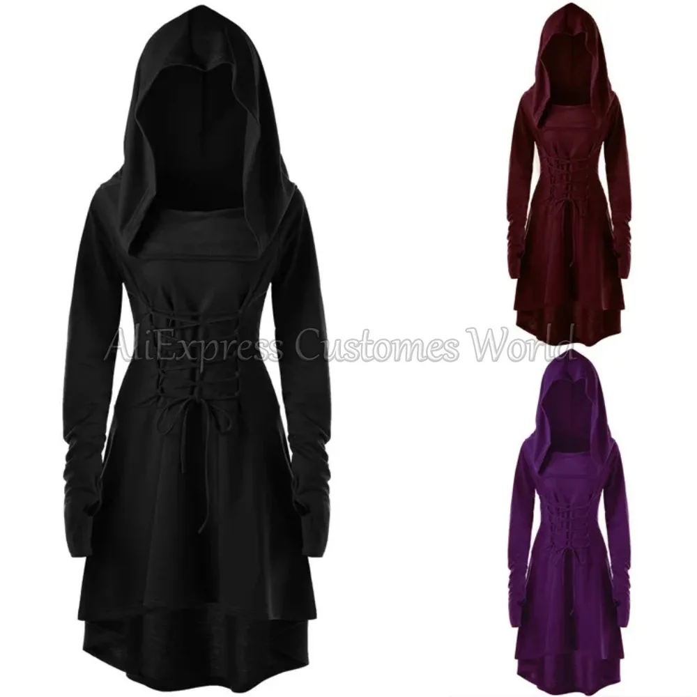 Medieval Women Archer Costume Long Sleeve Hooded Pixie Cosplay Dress Renaissance Femal Hunter Larp Robe Bandage Plus Size S-4XL