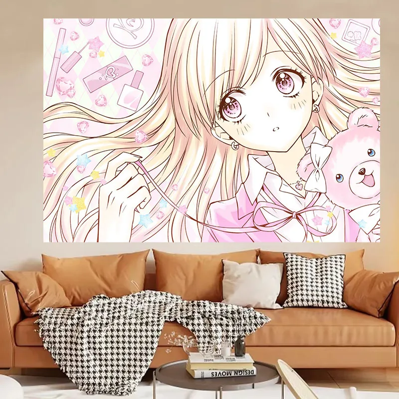 Kawaii Pink Shoujo Anime Girl Tapestry Background Manga Wall Hanging Pastel Aesthetic Polyester Dorm Bedroom Background Sweet