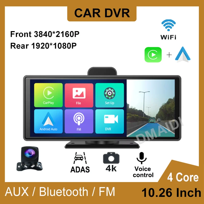 

Front Rearview Camera Video Recorder Dashboard 10.26 Inch Car DVR Wireless CarPlay Android Auto ADAS WiFi AUX Dash Cam GPS FM BT