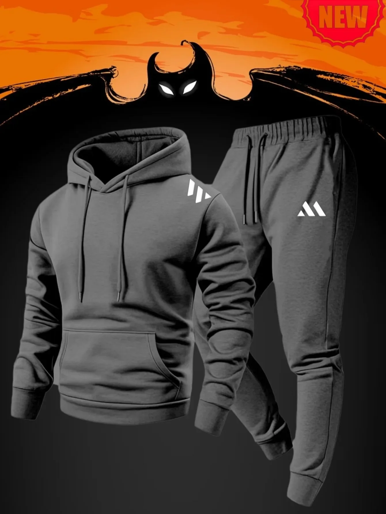 2026 new men's thick sports outfit, three-patterned hooded waistband drawstring pants, loose and casual