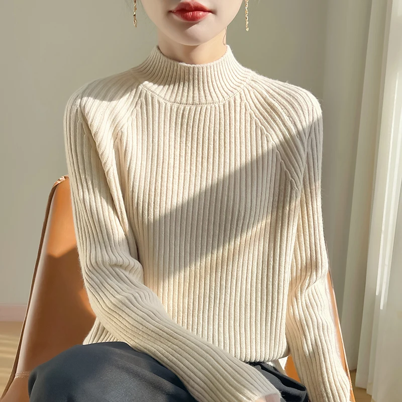 Thickened Vertical Bar Style Pullover Women Knitting Cashmere Wool blend Sweater Half Height Neck Long sleeves Warm Loose Tops