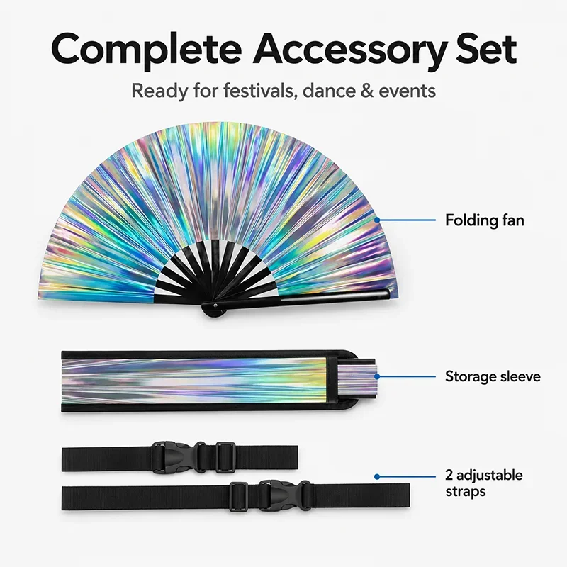 Folding Hand Fan, Thick Bamboo Frame for Men Women Gift for EDM, Festival, Club, Party, Dance, Decoration