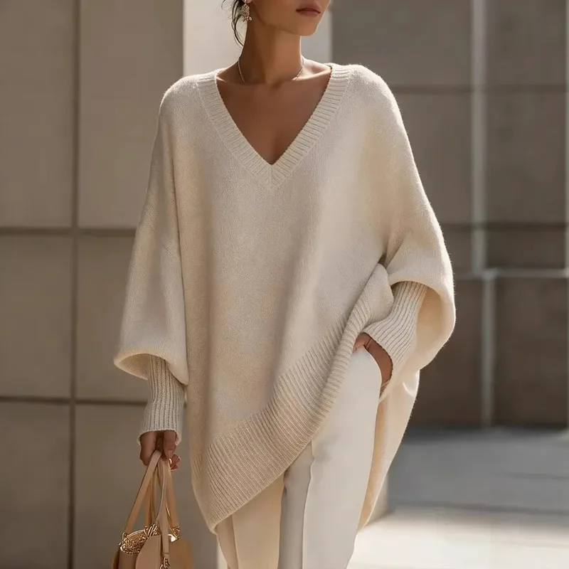 2026 Fashion Oversize Loose Knitted Sweater Women's V-neck Pullover Autumn Winter Lantern-sleeve Bat Shape Casual Tops Sweaters