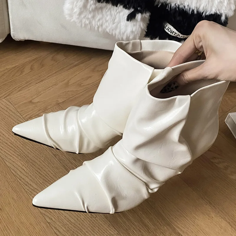 

Aneikeh дизайнерские плиссированные ботильоны женские пикантные женские туфли на тонком высоком каблуке с острым носком модные ботильоны без шнуровки