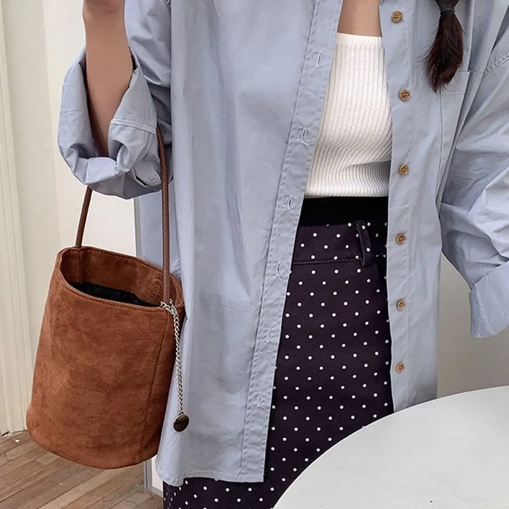 

Vintage Vintage Suede Bucket Bag Purse Handbag Matte Pu Leather Shoulder Bag Large Capacity Korean Style Underarm Bag Streetwear